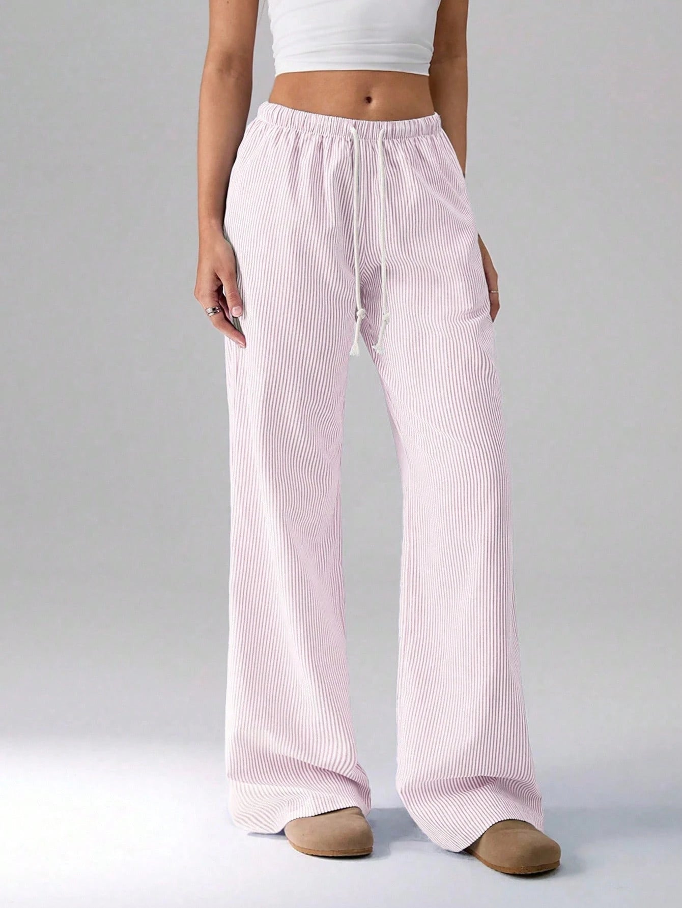 Flirla Pink Cotton Drawstring Waist Straight Leg Pants, Fashion Casual Home Wear For Women, Spring Fall Cloth For Women