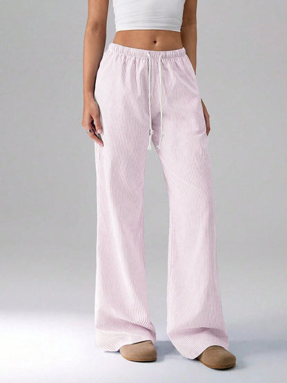 Flirla Pink Cotton Drawstring Waist Straight Leg Pants, Fashion Casual Home Wear For Women, Spring Fall Cloth For Women