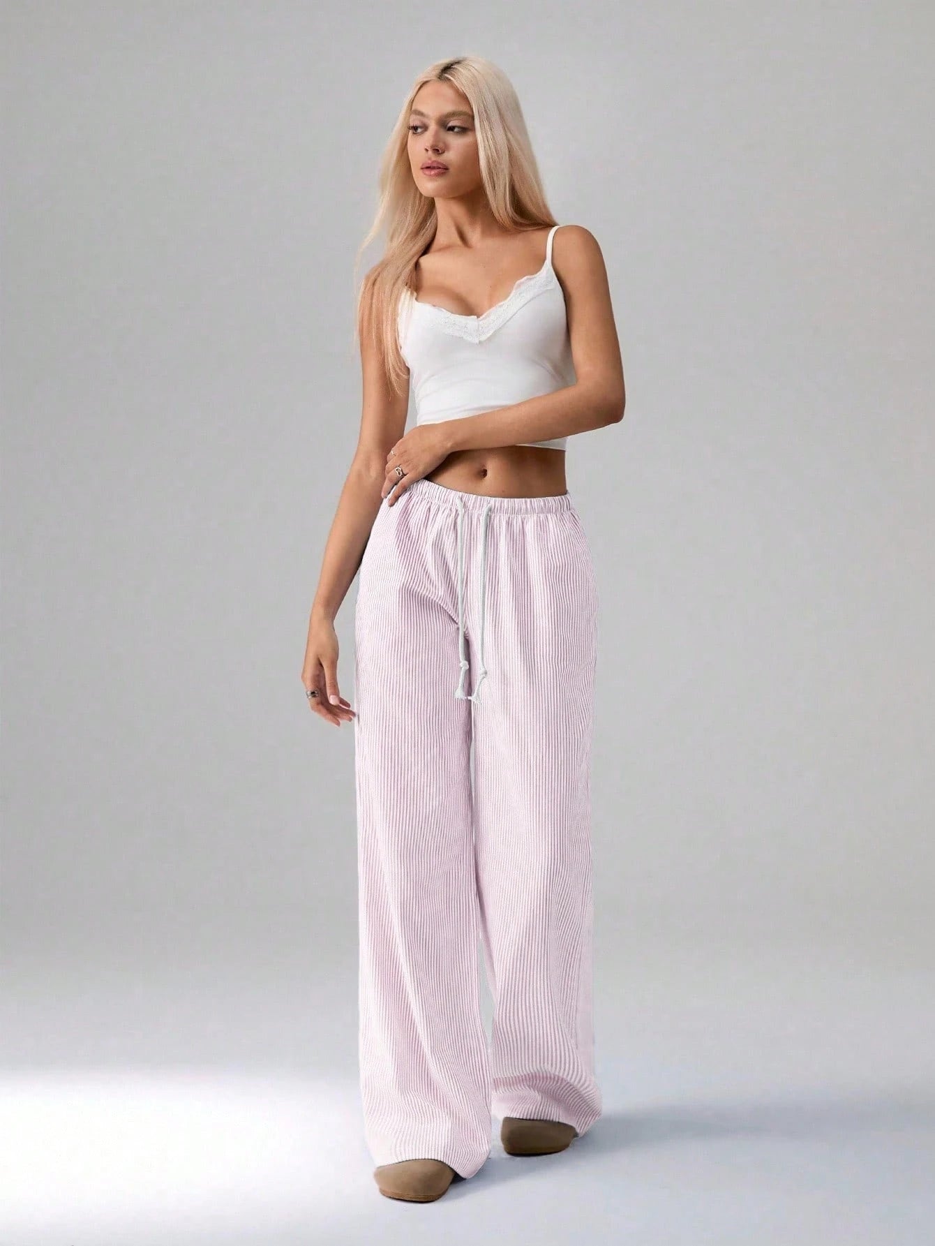 Flirla Pink Cotton Drawstring Waist Straight Leg Pants, Fashion Casual Home Wear For Women, Spring Fall Cloth For Women