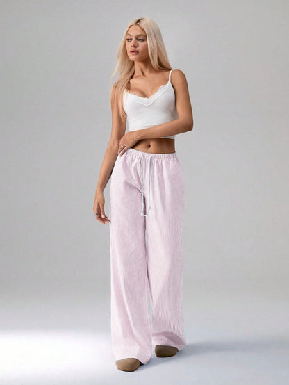 Flirla Pink Cotton Drawstring Waist Straight Leg Pants, Fashion Casual Home Wear For Women, Spring Fall Cloth For Women