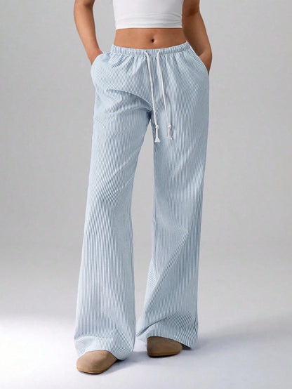 Flirla Pink Cotton Drawstring Waist Straight Leg Pants, Fashion Casual Home Wear For Women, Spring Fall Cloth For Women