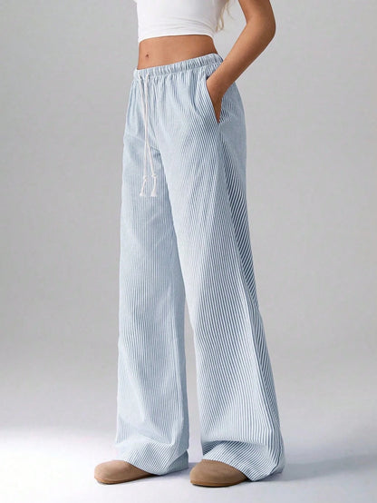 Flirla Pink Cotton Drawstring Waist Straight Leg Pants, Fashion Casual Home Wear For Women, Spring Fall Cloth For Women