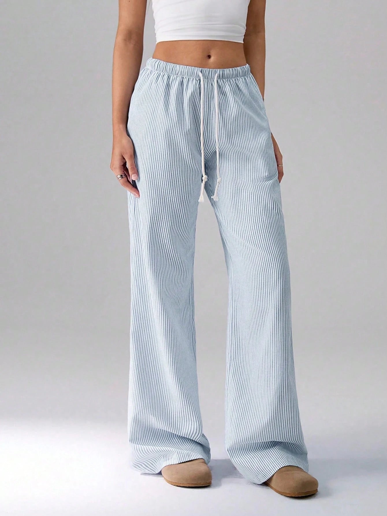 Flirla Pink Cotton Drawstring Waist Straight Leg Pants, Fashion Casual Home Wear For Women, Spring Fall Cloth For Women