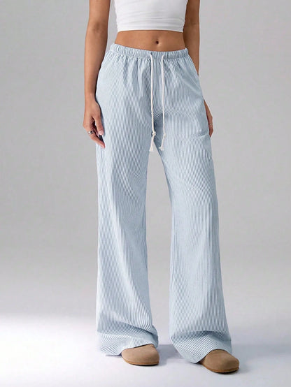 Flirla Pink Cotton Drawstring Waist Straight Leg Pants, Fashion Casual Home Wear For Women, Spring Fall Cloth For Women