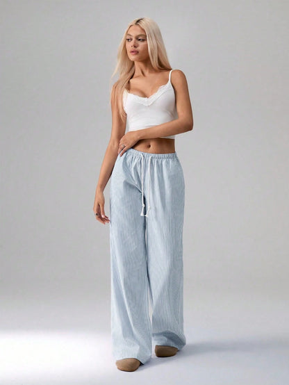 Flirla Pink Cotton Drawstring Waist Straight Leg Pants, Fashion Casual Home Wear For Women, Spring Fall Cloth For Women