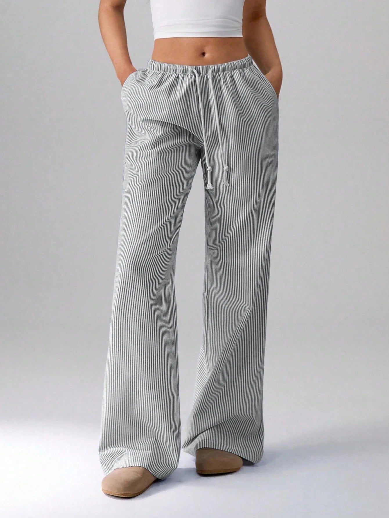 Flirla Pink Cotton Drawstring Waist Straight Leg Pants, Fashion Casual Home Wear For Women, Spring Fall Cloth For Women