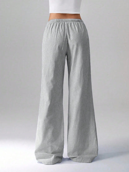 Flirla Pink Cotton Drawstring Waist Straight Leg Pants, Fashion Casual Home Wear For Women, Spring Fall Cloth For Women