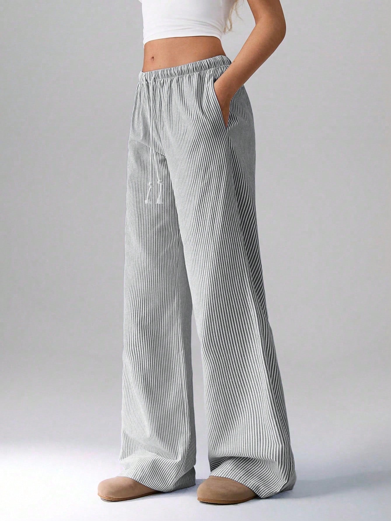 Flirla Pink Cotton Drawstring Waist Straight Leg Pants, Fashion Casual Home Wear For Women, Spring Fall Cloth For Women