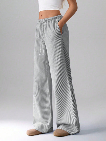 Flirla Pink Cotton Drawstring Waist Straight Leg Pants, Fashion Casual Home Wear For Women, Spring Fall Cloth For Women