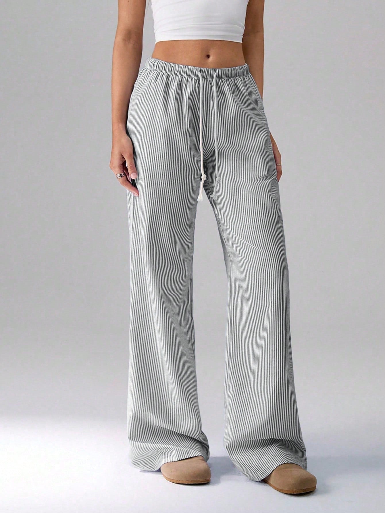 Flirla Pink Cotton Drawstring Waist Straight Leg Pants, Fashion Casual Home Wear For Women, Spring Fall Cloth For Women