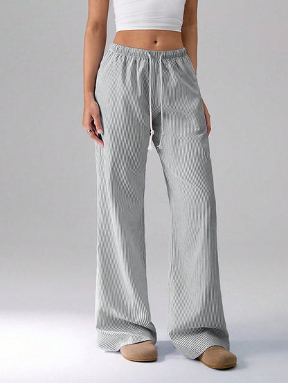 Flirla Pink Cotton Drawstring Waist Straight Leg Pants, Fashion Casual Home Wear For Women, Spring Fall Cloth For Women