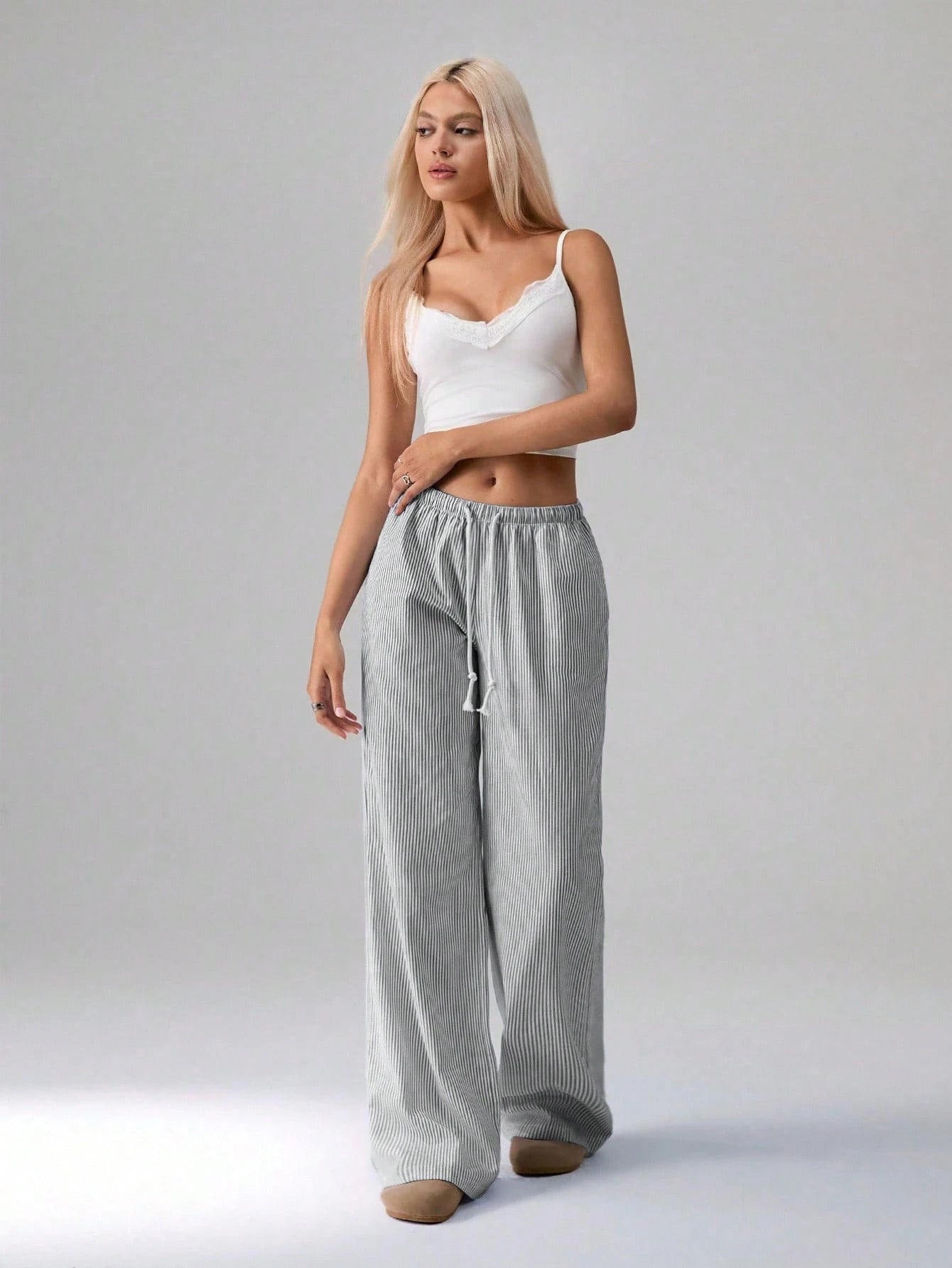 Flirla Pink Cotton Drawstring Waist Straight Leg Pants, Fashion Casual Home Wear For Women, Spring Fall Cloth For Women