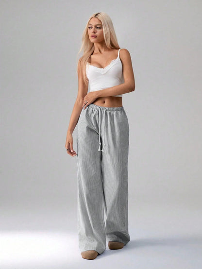 Flirla Pink Cotton Drawstring Waist Straight Leg Pants, Fashion Casual Home Wear For Women, Spring Fall Cloth For Women