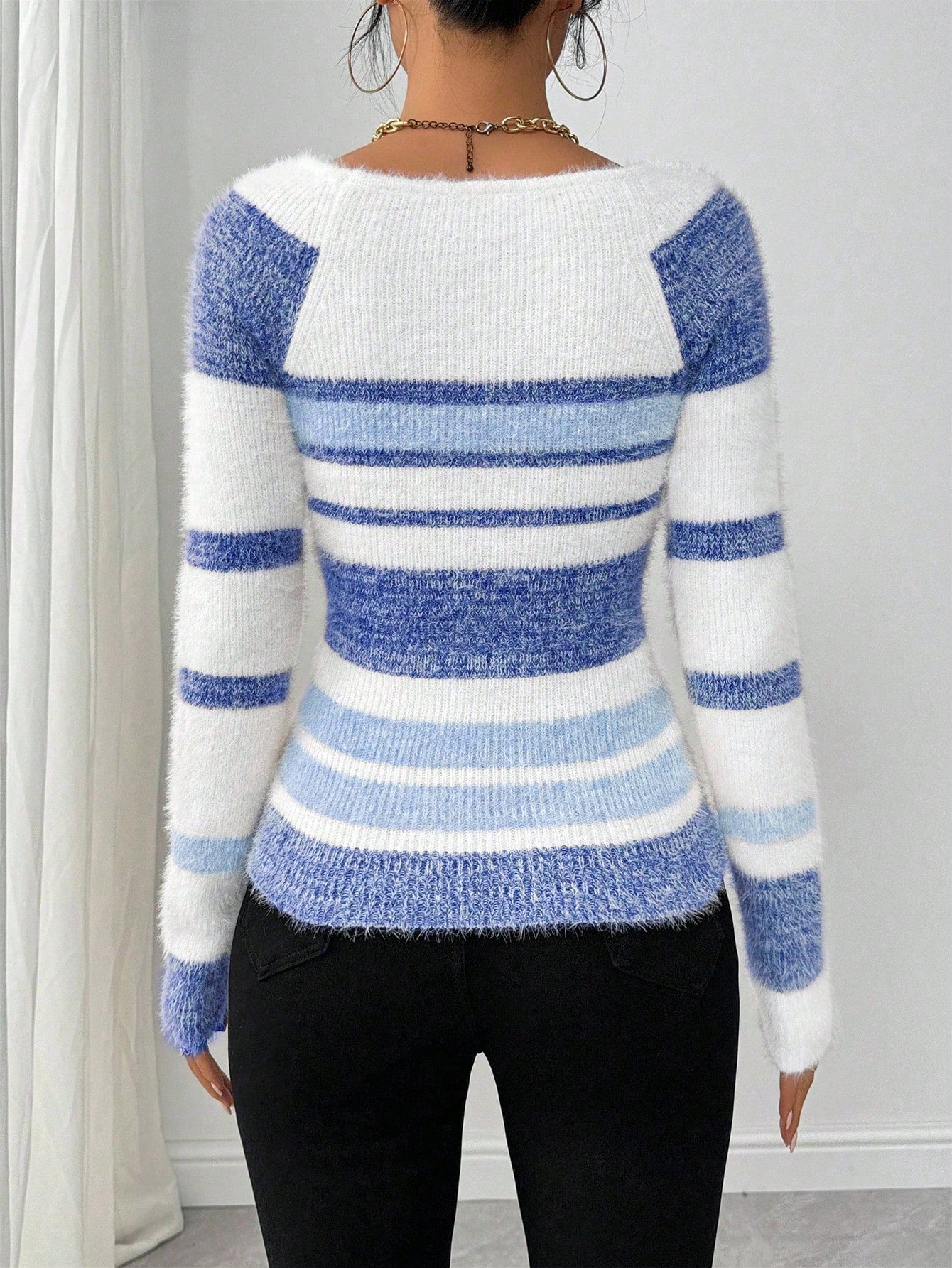 Chiquease Women Striped Minimalist Pullover Sweater, Casual Daily Wear,Long Sleeve Tops Knit Pullover Fall Winter Outfit