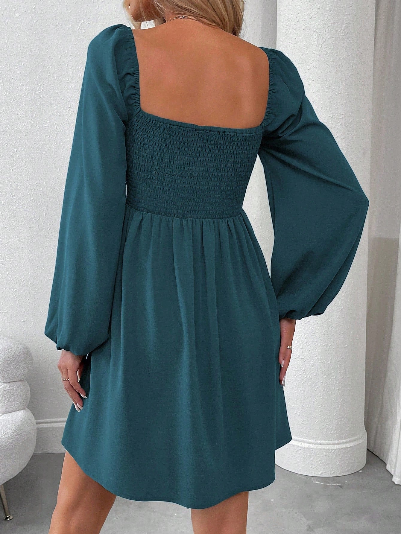 SHEIN LUNE Women Casual Solid Color Lantern Sleeve Smocked Waist Dress, Autumn Fall Cloth For Women