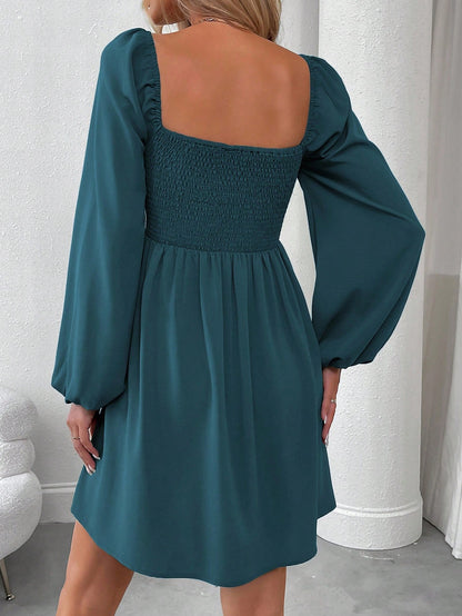 SHEIN LUNE Women Casual Solid Color Lantern Sleeve Smocked Waist Dress, Autumn Fall Cloth For Women