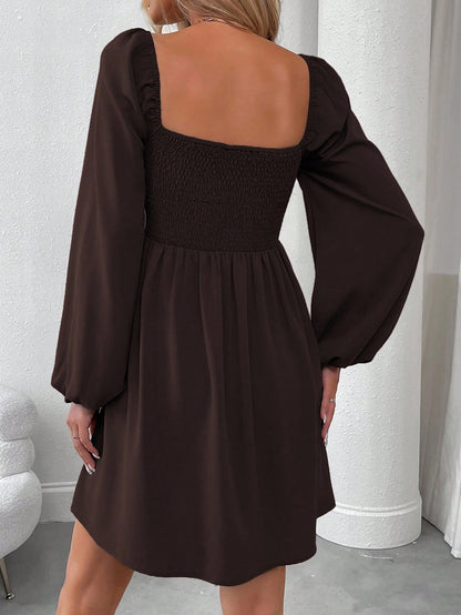 SHEIN LUNE Women Casual Solid Color Lantern Sleeve Smocked Waist Dress, Autumn Fall Cloth For Women