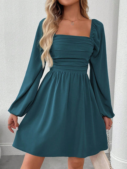 SHEIN LUNE Women Casual Solid Color Lantern Sleeve Smocked Waist Dress, Autumn Fall Cloth For Women