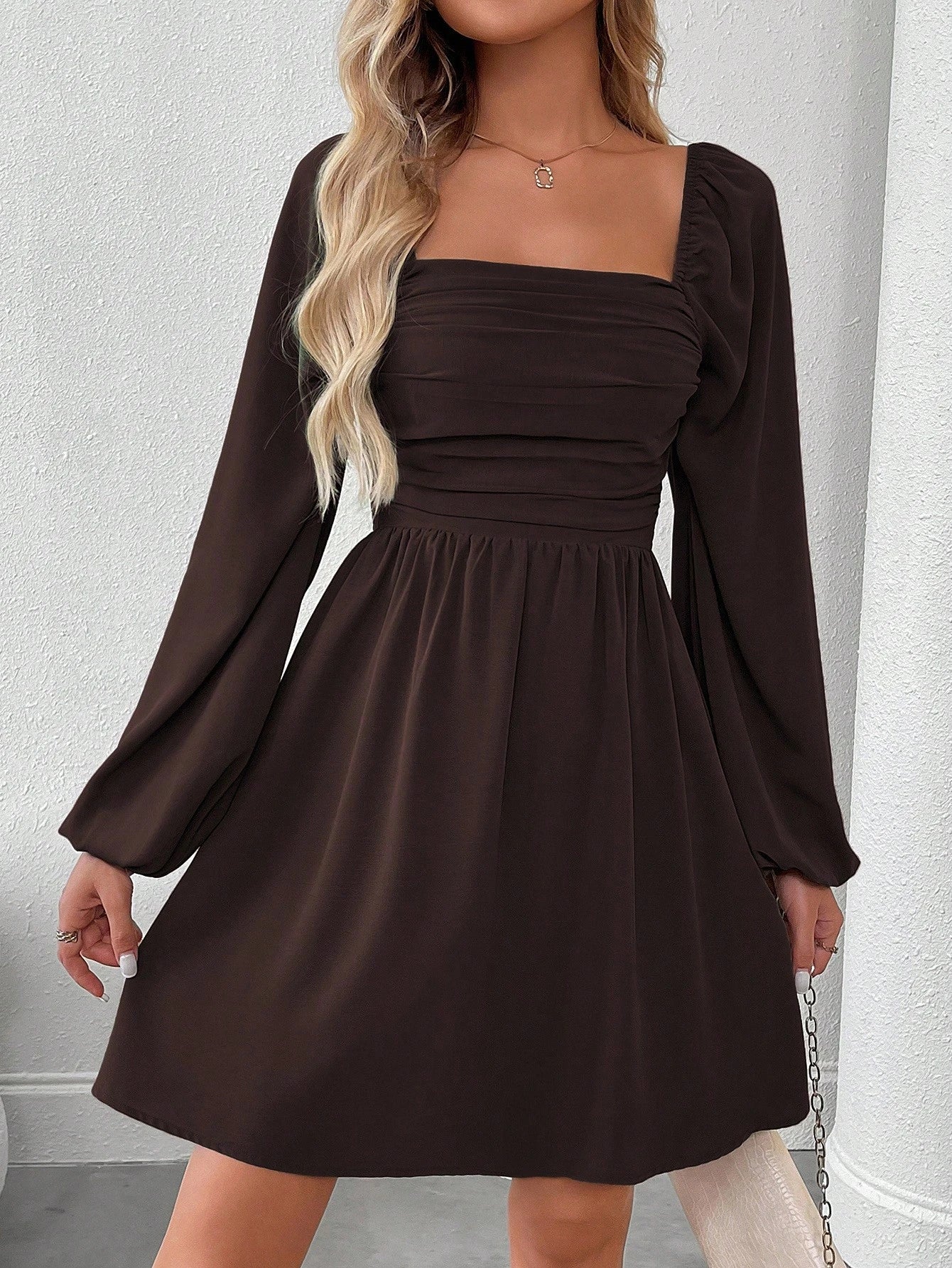 SHEIN LUNE Women Casual Solid Color Lantern Sleeve Smocked Waist Dress, Autumn Fall Cloth For Women