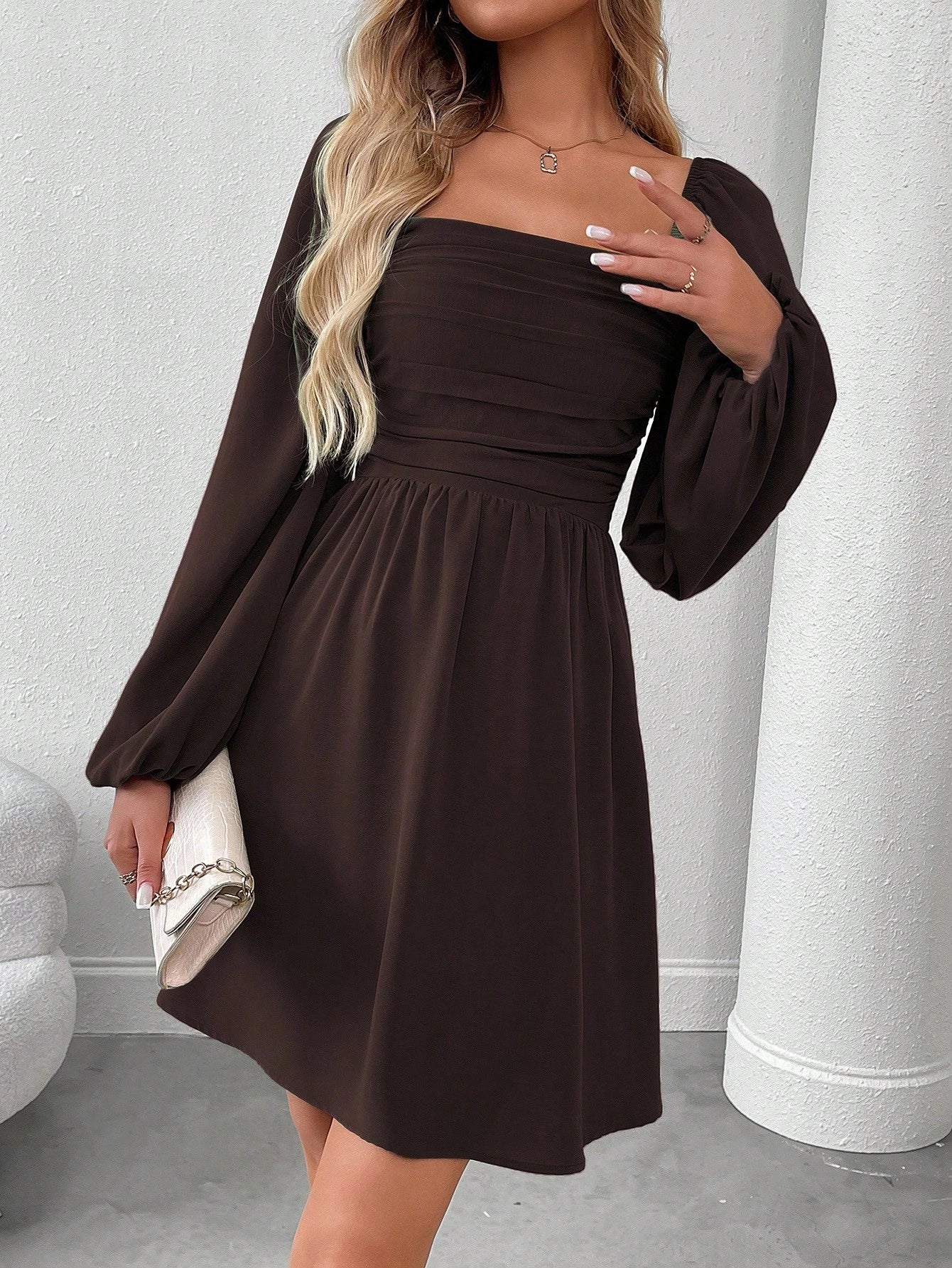 SHEIN LUNE Women Casual Solid Color Lantern Sleeve Smocked Waist Dress, Autumn Fall Cloth For Women