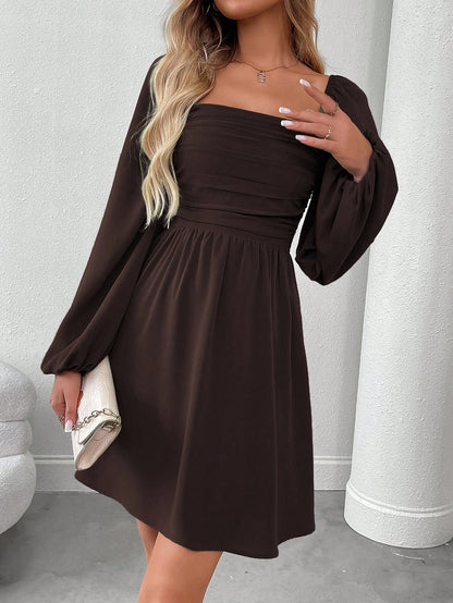 SHEIN LUNE Women Casual Solid Color Lantern Sleeve Smocked Waist Dress, Autumn Fall Cloth For Women