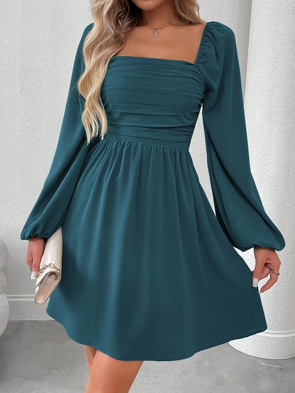 SHEIN LUNE Women Casual Solid Color Lantern Sleeve Smocked Waist Dress, Autumn Fall Cloth For Women