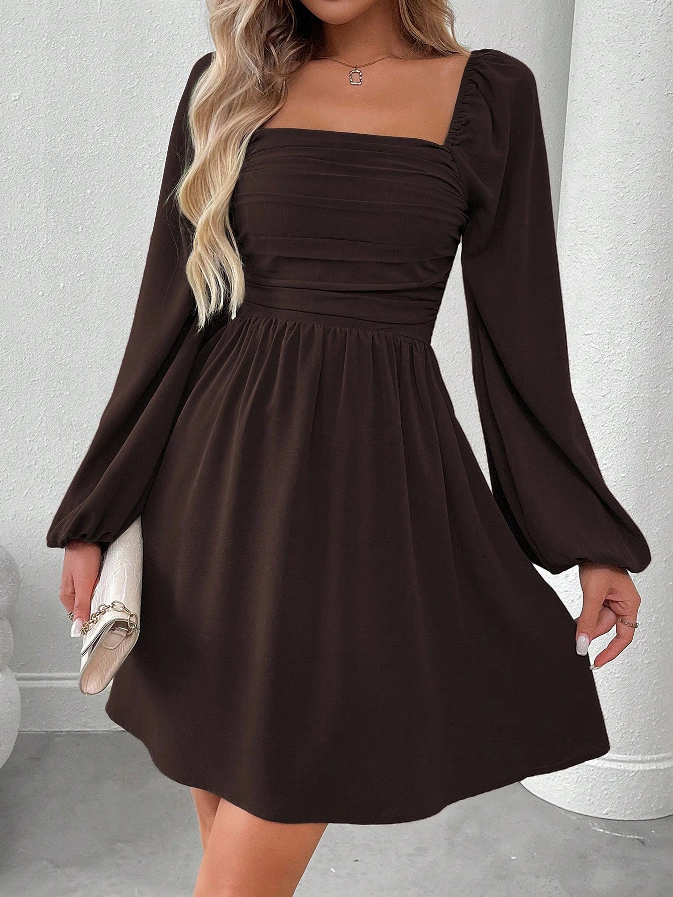 SHEIN LUNE Women Casual Solid Color Lantern Sleeve Smocked Waist Dress, Autumn Fall Cloth For Women