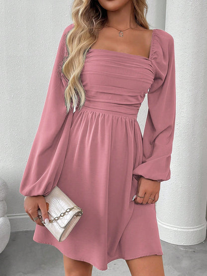 SHEIN LUNE Women Casual Solid Color Lantern Sleeve Smocked Waist Dress, Autumn Fall Cloth For Women