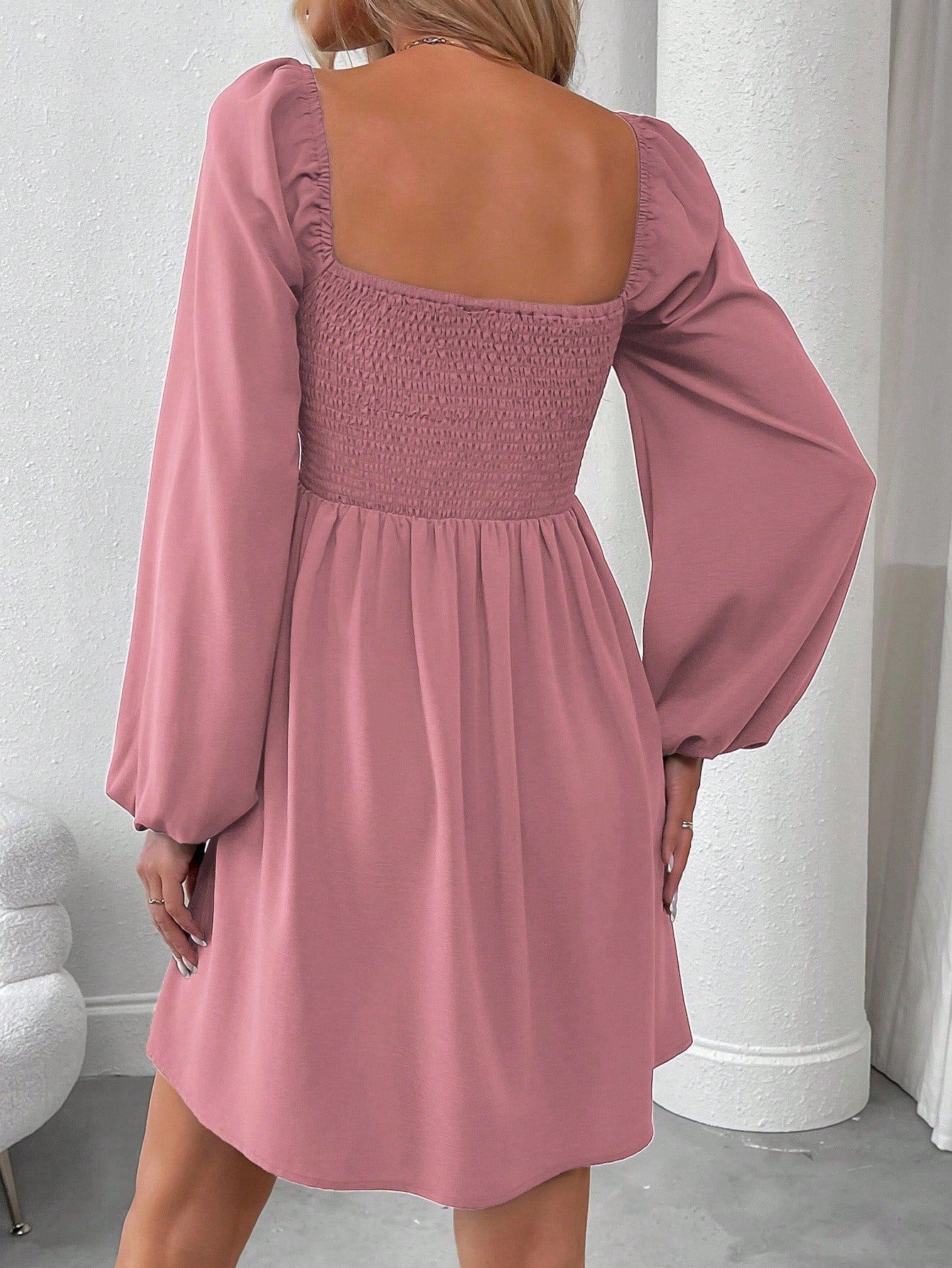 SHEIN LUNE Women Casual Solid Color Lantern Sleeve Smocked Waist Dress, Autumn Fall Cloth For Women