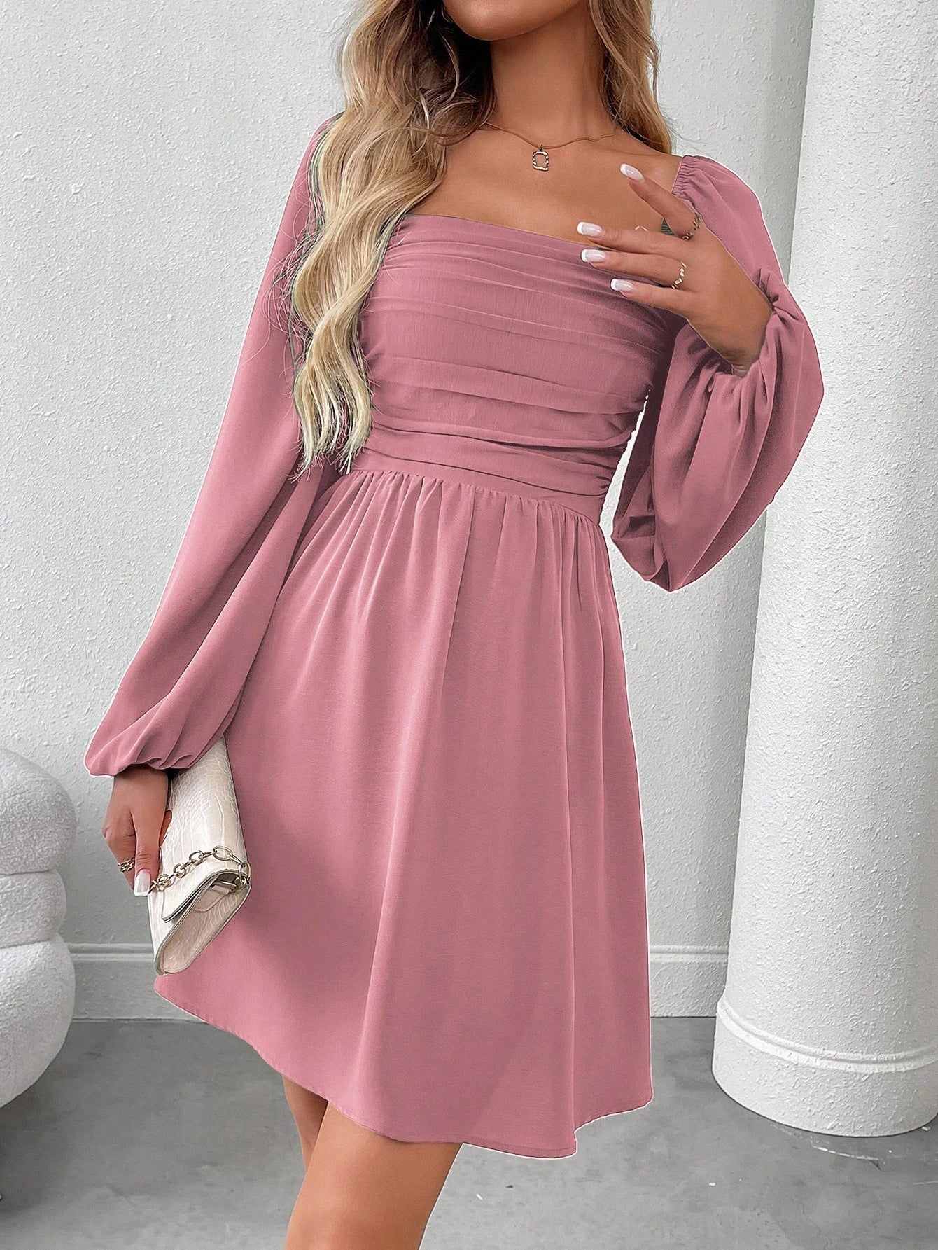 SHEIN LUNE Women Casual Solid Color Lantern Sleeve Smocked Waist Dress, Autumn Fall Cloth For Women