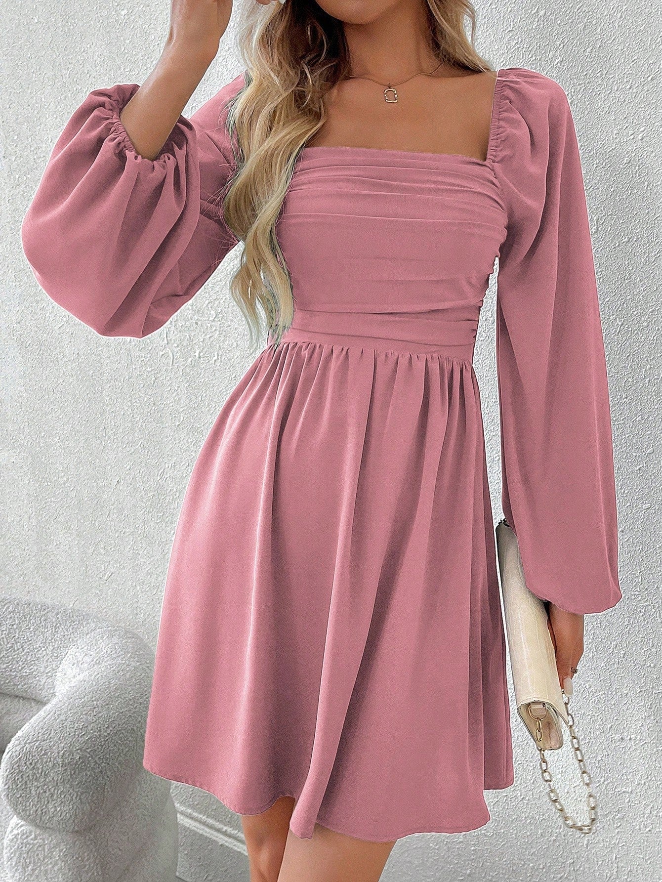 SHEIN LUNE Women Casual Solid Color Lantern Sleeve Smocked Waist Dress, Autumn Fall Cloth For Women