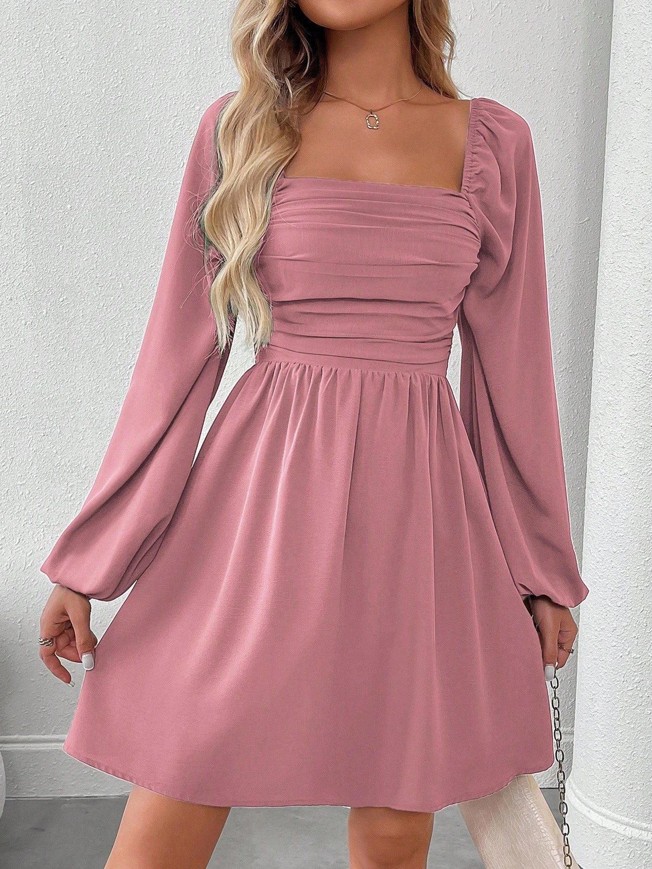 SHEIN LUNE Women Casual Solid Color Lantern Sleeve Smocked Waist Dress, Autumn Fall Cloth For Women