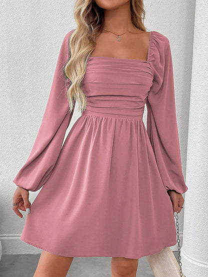 SHEIN LUNE Women Casual Solid Color Lantern Sleeve Smocked Waist Dress, Autumn Fall Cloth For Women