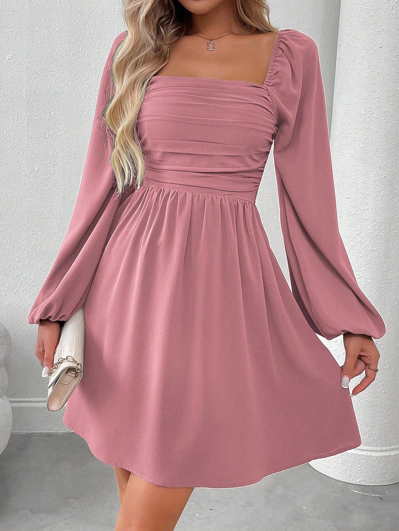 SHEIN LUNE Women Casual Solid Color Lantern Sleeve Smocked Waist Dress, Autumn Fall Cloth For Women