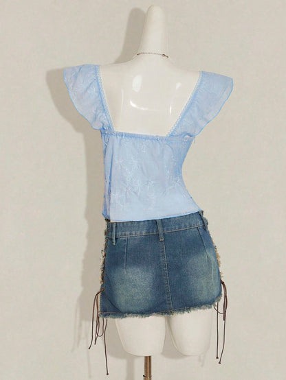 SHEIN ICON Women's Ruched Front Fitted Sexy Cutout Jacquard Romantic French Style Flare Sleeve Backless Casual Vacation Cropped Camisole