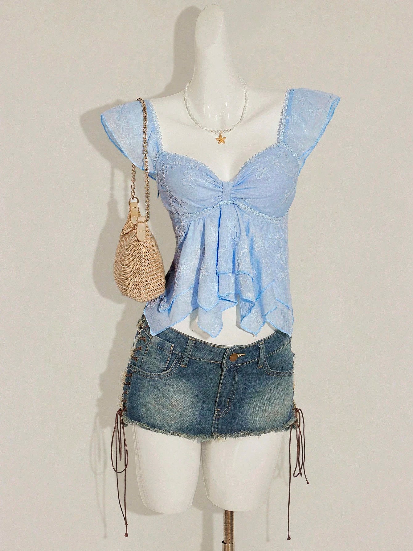 SHEIN ICON Women's Ruched Front Fitted Sexy Cutout Jacquard Romantic French Style Flare Sleeve Backless Casual Vacation Cropped Camisole