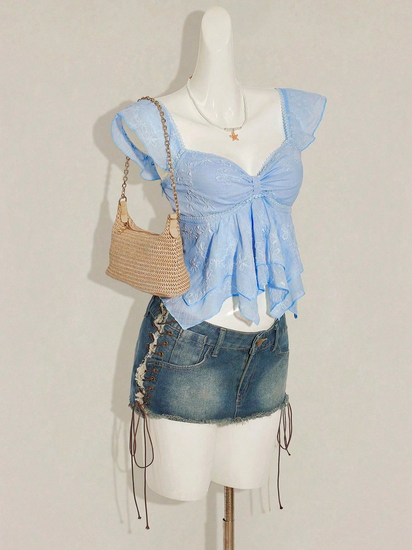 SHEIN ICON Women's Ruched Front Fitted Sexy Cutout Jacquard Romantic French Style Flare Sleeve Backless Casual Vacation Cropped Camisole