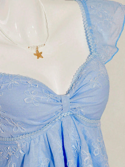 SHEIN ICON Women's Ruched Front Fitted Sexy Cutout Jacquard Romantic French Style Flare Sleeve Backless Casual Vacation Cropped Camisole