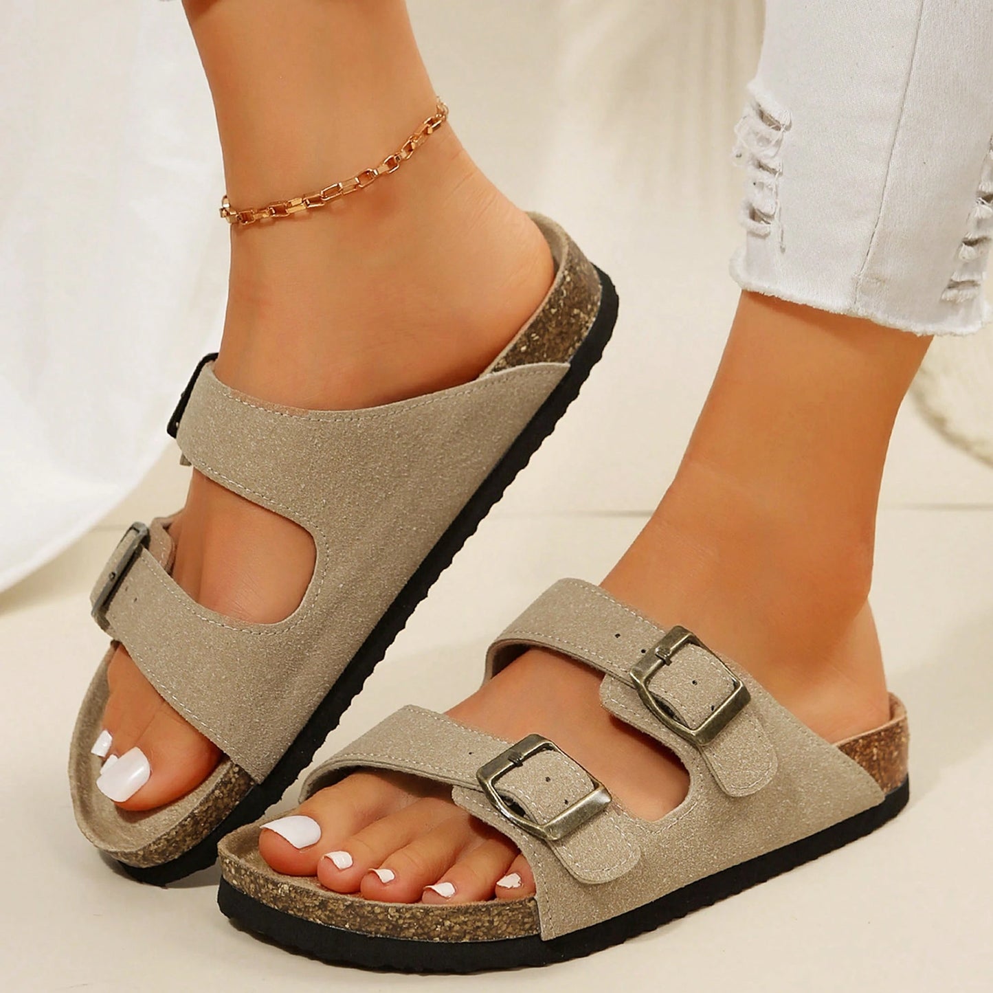 Women's Comfort Straps Adjustable Buckle Slip On Sandals Slide Cork Footbed Sandals