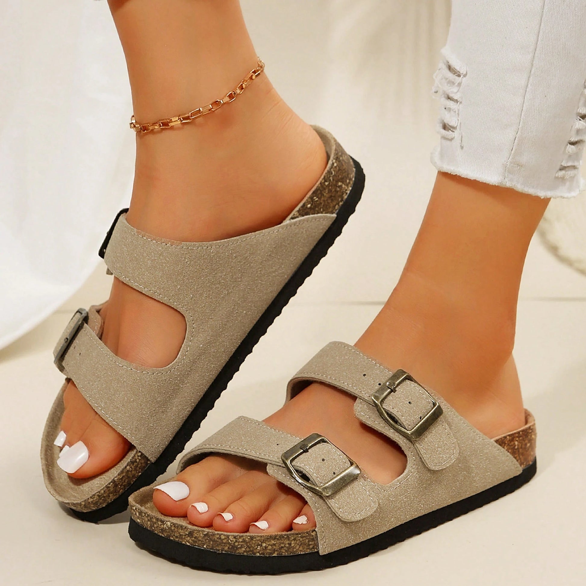 Women's Comfort Straps Adjustable Buckle Slip On Sandals Slide Cork Footbed Sandals