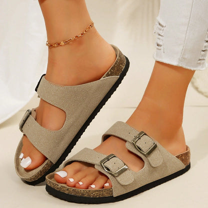 Women's Comfort Straps Adjustable Buckle Slip On Sandals Slide Cork Footbed Sandals