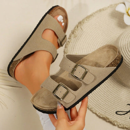 Women's Comfort Straps Adjustable Buckle Slip On Sandals Slide Cork Footbed Sandals
