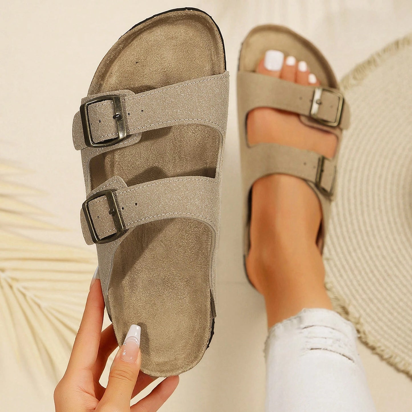 Women's Comfort Straps Adjustable Buckle Slip On Sandals Slide Cork Footbed Sandals