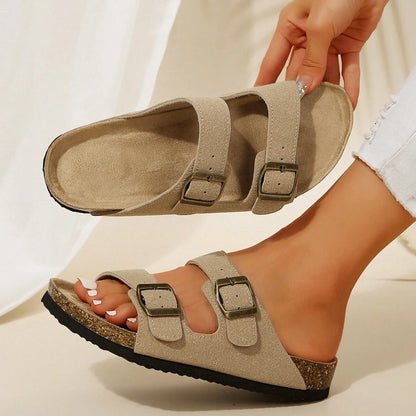 Women's Comfort Straps Adjustable Buckle Slip On Sandals Slide Cork Footbed Sandals