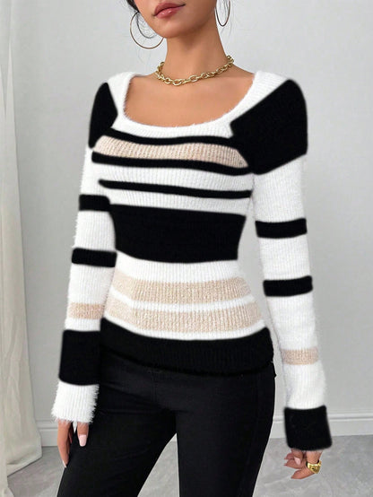 Chiquease Women Striped Minimalist Pullover Sweater, Casual Daily Wear,Long Sleeve Tops Knit Pullover Fall Winter Outfit