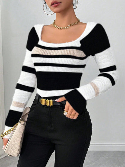 Chiquease Women Striped Minimalist Pullover Sweater, Casual Daily Wear,Long Sleeve Tops Knit Pullover Fall Winter Outfit