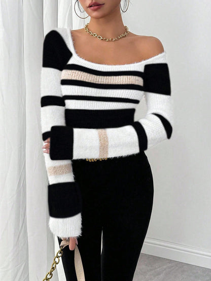 Chiquease Women Striped Minimalist Pullover Sweater, Casual Daily Wear,Long Sleeve Tops Knit Pullover Fall Winter Outfit