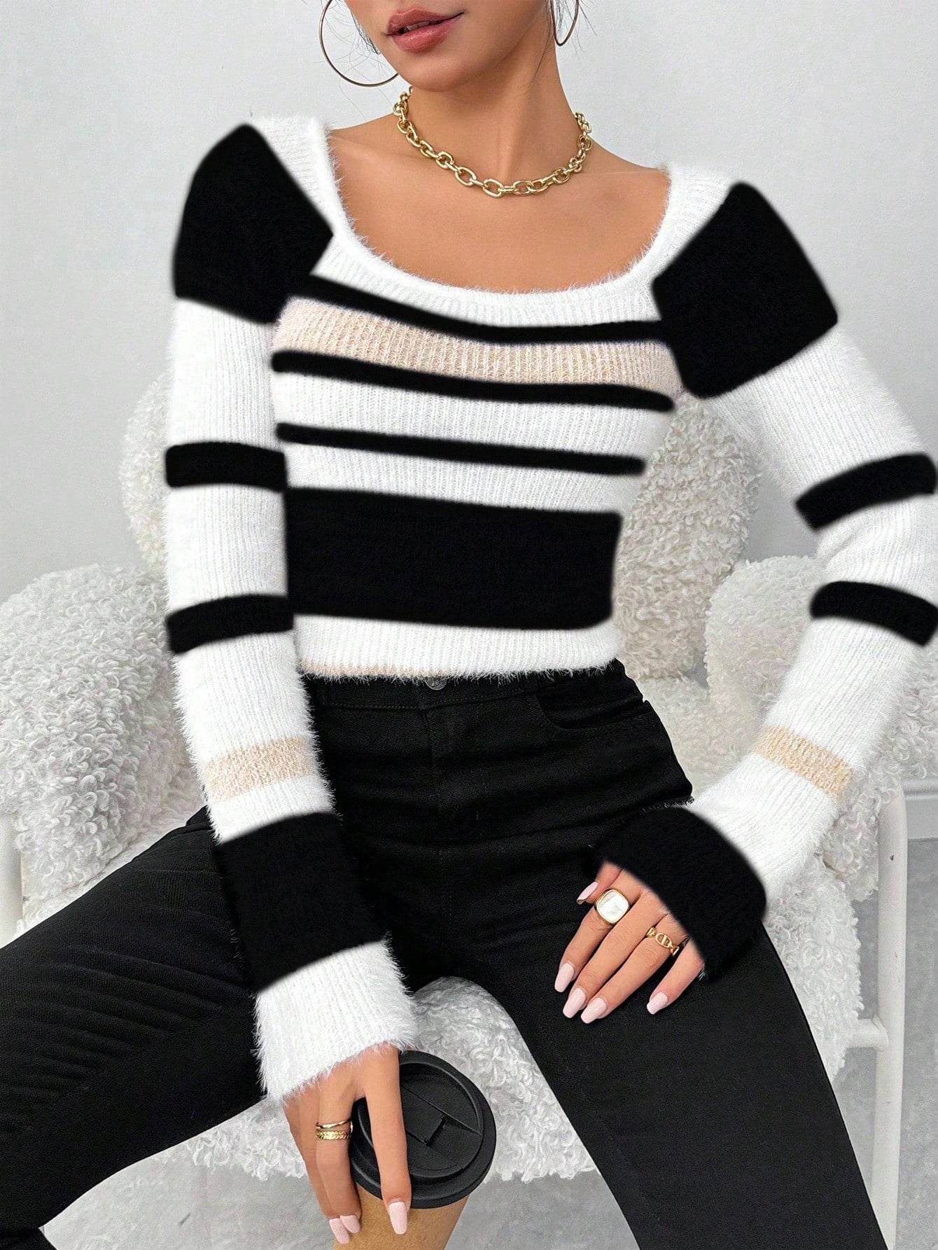 Chiquease Women Striped Minimalist Pullover Sweater, Casual Daily Wear,Long Sleeve Tops Knit Pullover Fall Winter Outfit