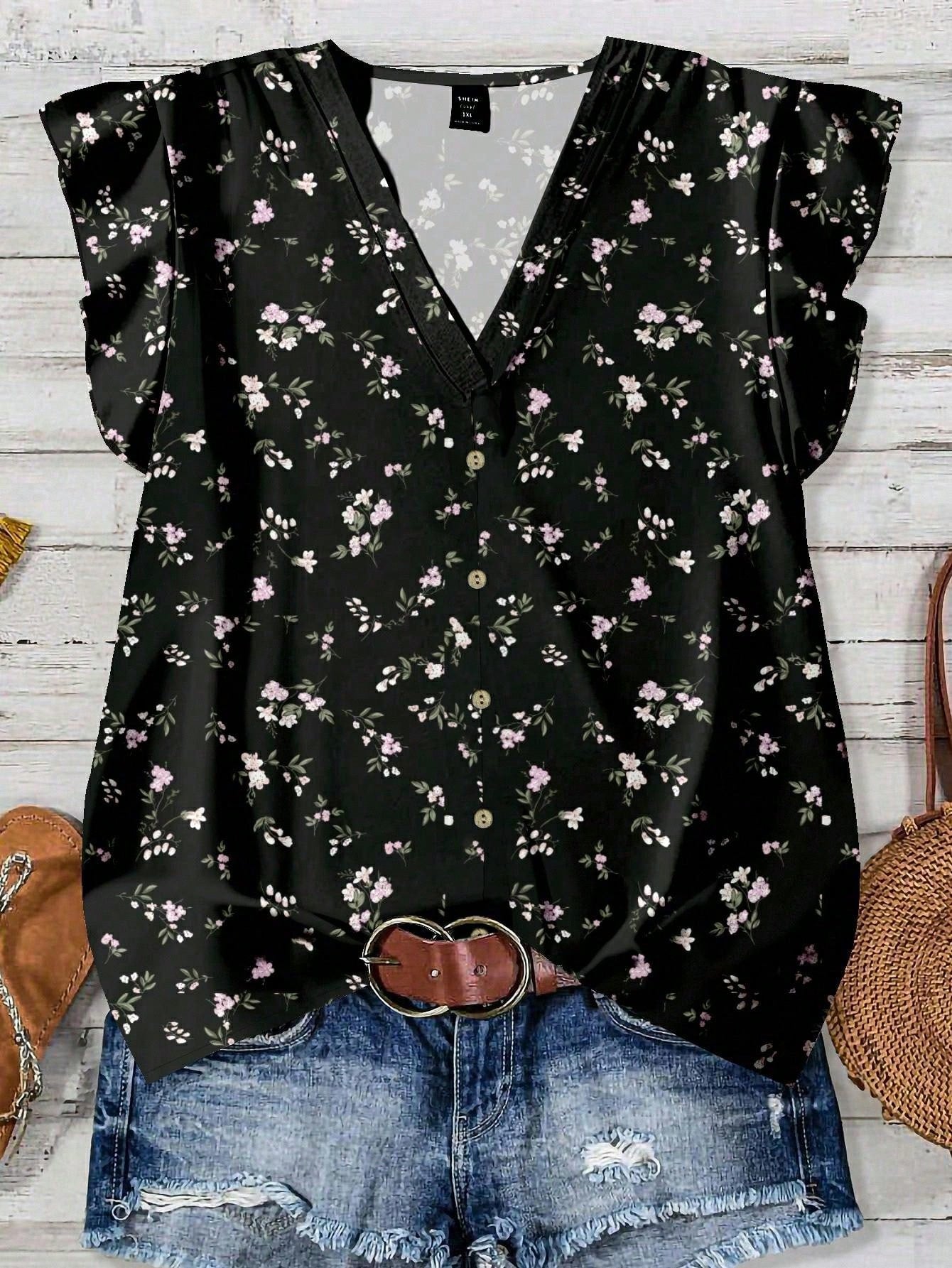 EMERY ROSE Women's Floral & Maple Leaf Print Casual Shirt, Suitable For Autumn,Fall Clothes For Women