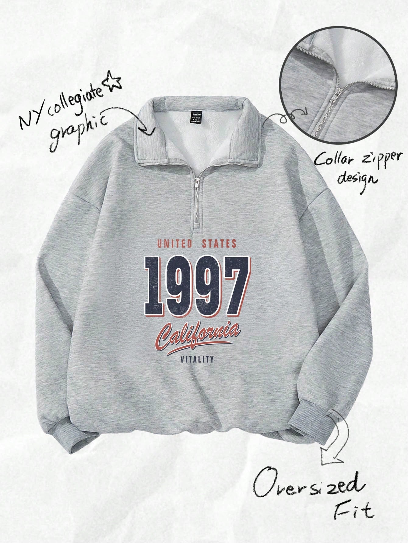 Attitoon Attitoon Retro American Campus Style Casual Oversized Unisex Women's Loose Half-Zip High Neck Fleece Hoodie, Suitable For Autumn/Winter